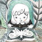 child reading, whimsical, flowers, and blue