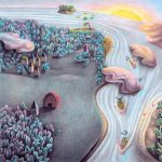 picture book illustration, appreciating nature,   flowers, and mountains