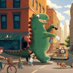 dinosaur, New York, big city, Downtown, shopping, and Cars
